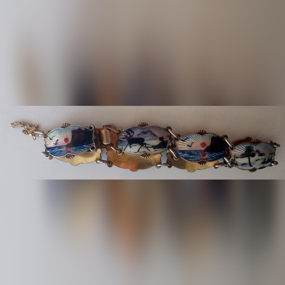 Guilloche Sterling Norway Scene Panel Links Ivar Holt 925 1950's Signed Bracelet - Picture 6 of 14